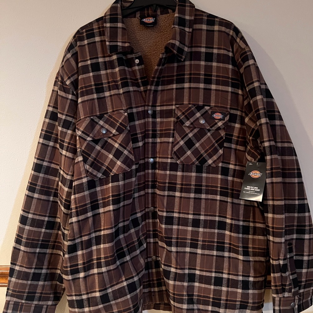 Dickies Men's Brown Plaid, Sherpa Lined, All Snap Shirt Jacket
